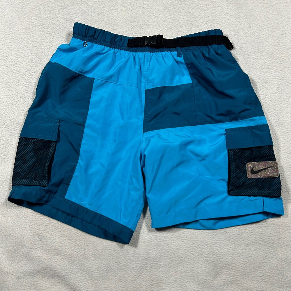 Nike Swim Trunks Men Medium Blue Colorblock Cargo Belted Shorts